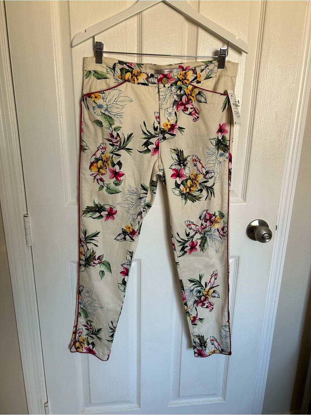 Zara Cream Floral Ankle Pants with Pink & Yellow Floral Print